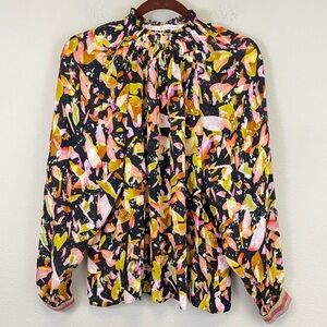 Marie Oliver Silk Printed Arden Pleated Mock Neck Balloon Sleeve Blouse Size M